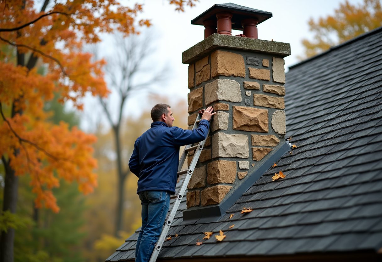 Technician inspecting a fieldstone chimney from a ladder — Snohomish